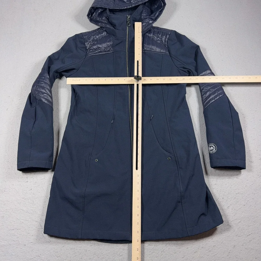 Michael‎ Kors Hooded Softshell Coat Women Medium Navy Quilted Trim Longline
